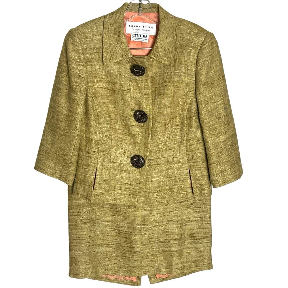 Vintage Trina Turk Skirt 10 Jacket 8 Suit 100% Silk Textured Old Money USA Gold